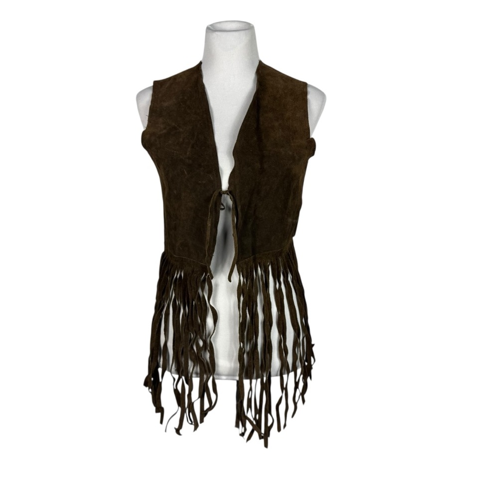 VTG 60s Woodstock Brown Suede Leather Fringe Vest Boho Western Hippie Festival
